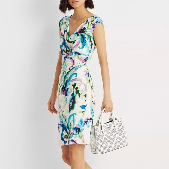 Lauren Ralph Lauren Paisley Floral Pleated Jersey Dress Multicolored 8 Office - Picture 2 of 13